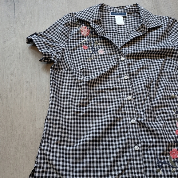 NWT Karen Scott Floral Embroidered Gingham Black&White Shirt Size M - Picture 7 of 13